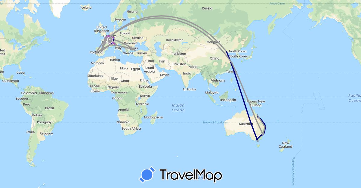 TravelMap itinerary: driving, plane, train, boat in Australia, China, Germany, Spain, France, Italy, Portugal, Turkey (Asia, Europe, Oceania)